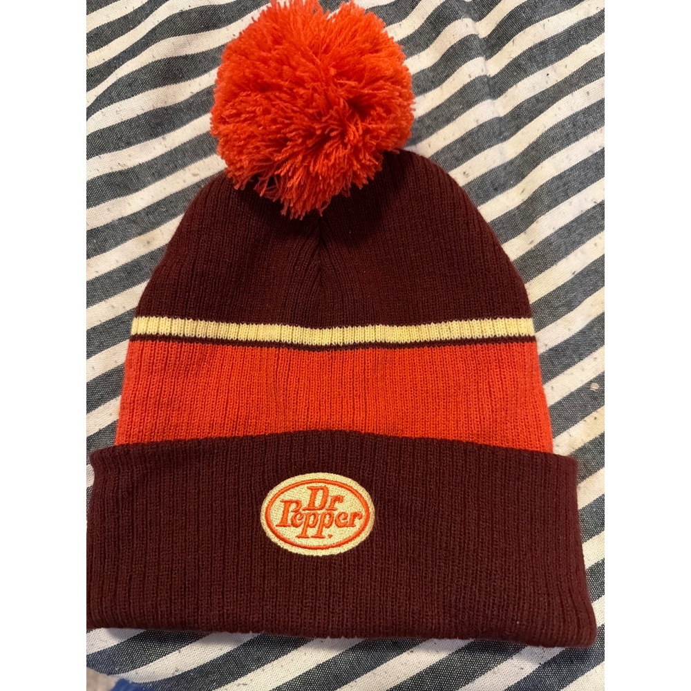 Dr Pepper Beanie Hat Maroon Orange Striped Pom Pom Cuffed Knit Soda Logo Cap